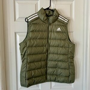 Adidas Essentials Olive Green Light Down Vest with 3 Stripes XL